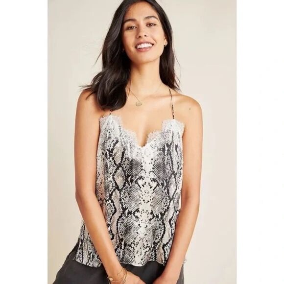 CAMI NYC The Racer Charmeuse Silk Snake Print Lace Trim Tank Top Sz L - Picture 1 of 6